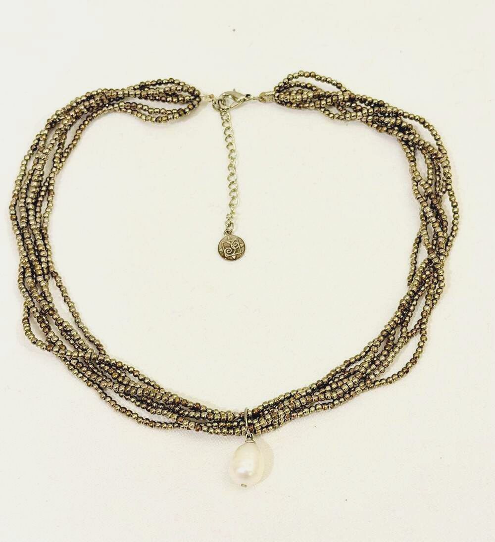 Crossroads Multi-Strand Metallic Seed Bead Necklace with Real Pearl Pendant
